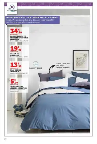 Hyper U Housse de couette bicolore réversible 240 x 220 cm u maison, drap plat 240 x 300 cm u maison, drap housse 140 x 190 cm u mais offre