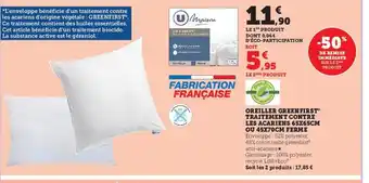 Hyper U Oreiller Greenfirst Traitement Contre Les Acariens 65x65 cm ou 45x70 cm Ferme offre