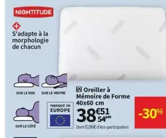 Conforama Oreiller à mémoire de Forme 40x60cm offre