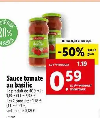 Lidl Sauce tomate au basilic offre