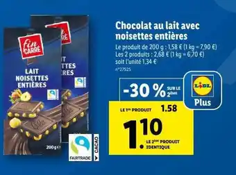 Lidl Chocolat au lait avec noisettes entières fin carré offre
