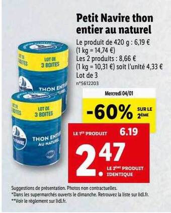 Lidl Petit navire thon entier au naturel offre