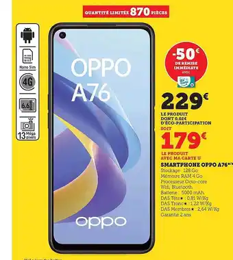 Hyper U Smartphone oppo a76 offre