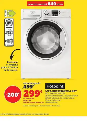 Hyper U Lave-linge frontal 8 kg hotpoint offre