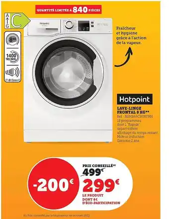 Super U Lave-linge frontal 8 kg hotpoint offre