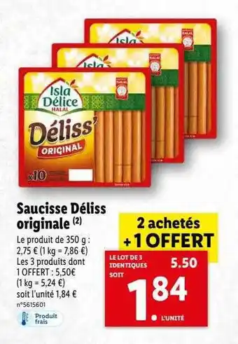 Lidl Saucisse déliss originale isla délice offre