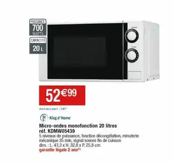 Micro-ondes monofonction 20 litres king d'home