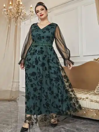 SheIn Robe de soirée manches évasées en dentelle applique fleurie à tulle offre
