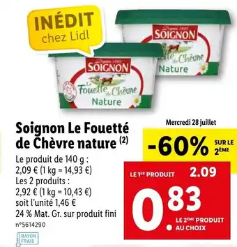Lidl Soignon Le Fouetté De Chèvre Nature offre