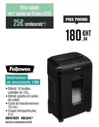 Plein ciel Destructeur de documents 10m fellowes offre