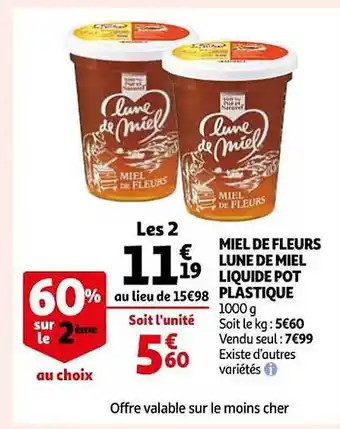 Auchan Miel de fleurs lune de miel liquide pot plastique offre