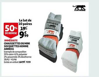 Auchan Chaussettes ou mini socquettes homme airness offre
