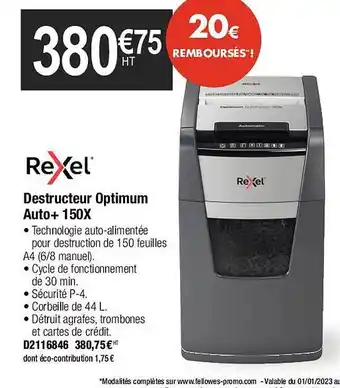 Plein ciel Destructeur optimum auto+ 150x rexel offre