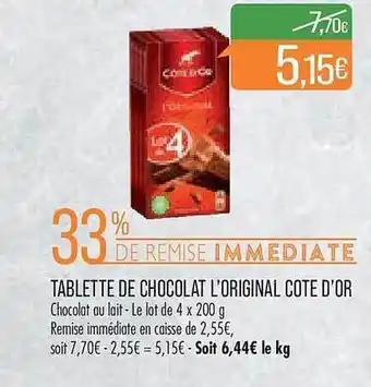 Match Tablette de chocolat l'original côte d'or offre