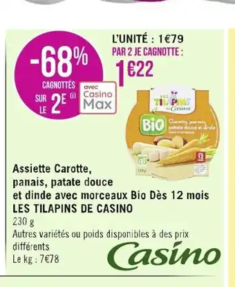 Casino Supermarchés Assiette Carotte Panais Patate Douce Et Dinde Avec Morceaux Bio Des 12 Mois Les Tilapins de Casino offre