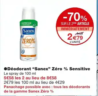 Monoprix Déodorant Sanex Zéro % Sensitive offre