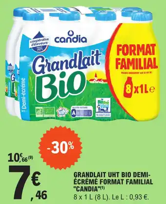 E.Leclerc Grandlait uht bio demi-écrémé format familial "CANDIA" offre
