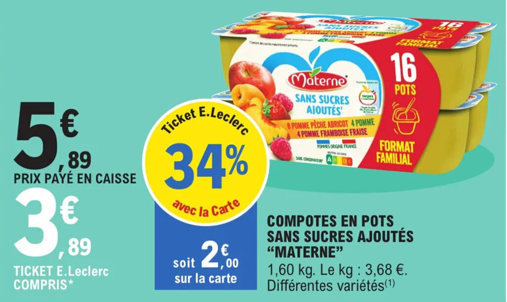 Promo Compotes enm pots sans sucres ajoutés "MATERNE" chez E.Leclerc