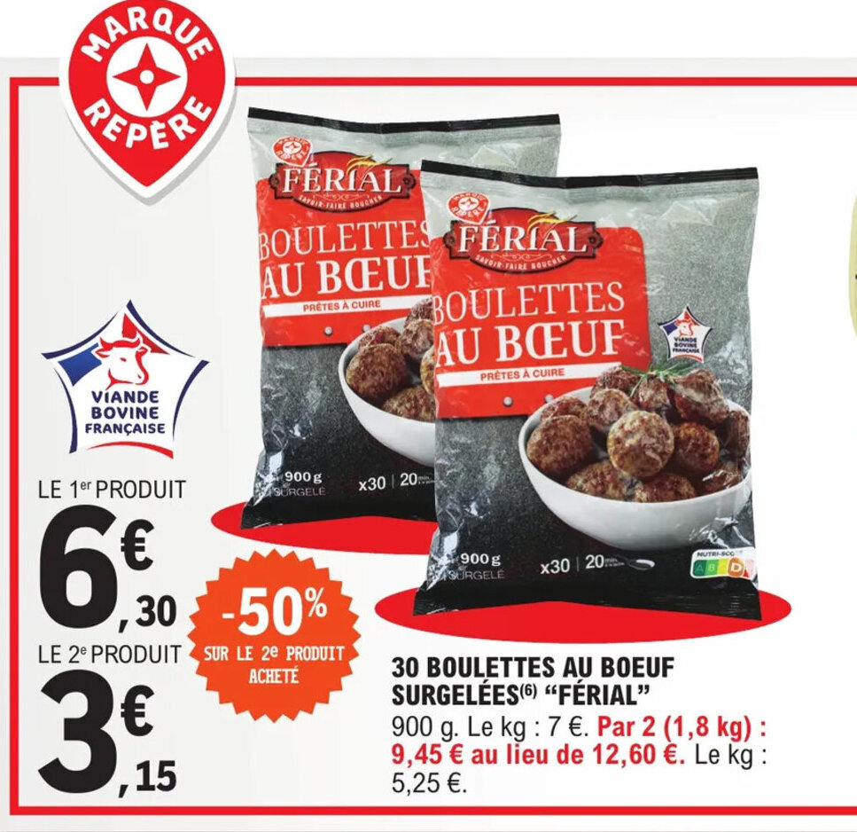 Promo 30 boulettes au boeuf surgelées "FERIAL" chez E.Leclerc