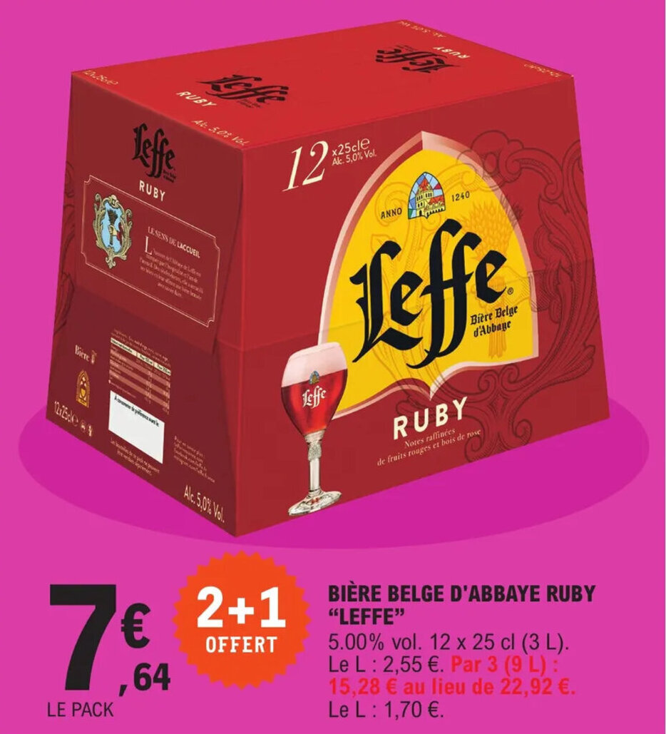 Pack De 12 Leffe Ruby Prix Promo Bière belge d'abbaye ruby "LEFFE" chez E.Leclerc