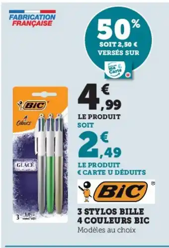 Super U Bic 3 stylos Bille 4 Couleurs offre