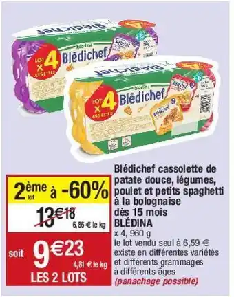 Migros Blédichef cassolette de patate douce, légumes, poulet et petits spaghetti à la bolognaise dés 15 mois blédina offre
