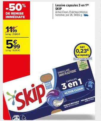 Carrefour Market Lessive capsules 3 en 1 skip offre