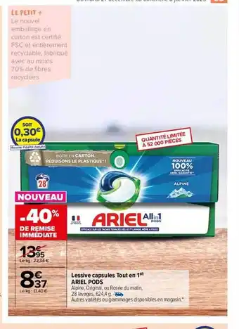 Carrefour Market Lessive capsules tout en 1 ariel pods offre