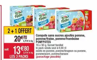 Cora x Carrefour Compote sans sucres ajoutés pomme, pomme-fraise, pomme-framboise pom'potes offre
