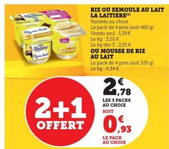 Hyper U Riz ou semoule au lait la laitiere offre