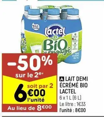 Leader Price Lait demi-écrémé bio lactel offre