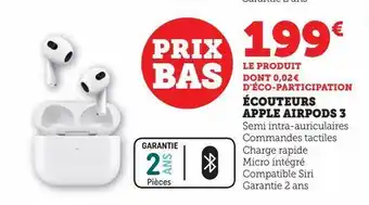 Hyper U Ecouteurs apple airpods 3 offre