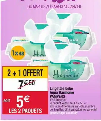 Cora x Carrefour Lingettes bébé aqua harmonie pampers 2+1 offert offre