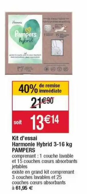 Cora x Carrefour Kit d'essai harmonie hybrid 3-16kg pampers 40% de remise immédiate offre