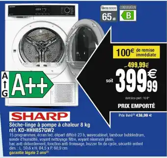 Cora x Carrefour Sharp sèche-linge à pompe à chaleur 8kg kd-hhh8s7gw2 offre