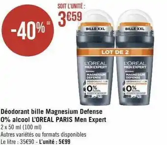 Géant Casino Déodorant bille magnesium defense 0% alcool l'oréal paris men expert offre
