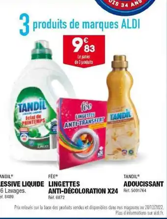 ALDI Lessive liquide tandil, lingettes anti-décoloration x24, adoucissant tandil offre