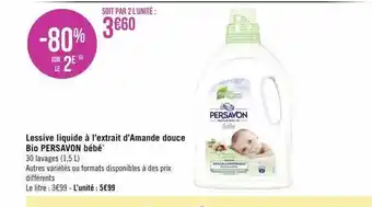 Géant Casino Lessive liquide à l'extrait d'amande douce bio persavon bébé offre