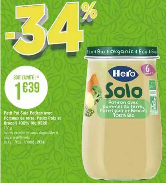 Géant Casino Petit pot solo potiron avec pommes de terre, petits pois et brocoli 100% bio hero offre