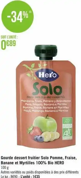 Géant Casino Gourde dessert fruitier solo pomme, fraise, banane et myrtilles 100% bio hero offre