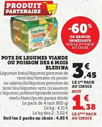 Super U Pots de légumes viande ou poisson dès 6 mois blédina offre