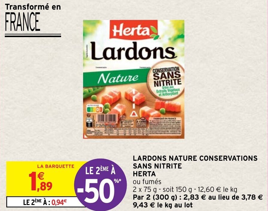 Promo Lardons Nature Conservations Sans Nitrite Herta chez Intermarché