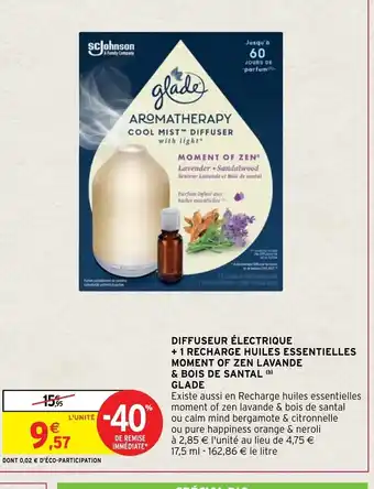 Intermarché Hyper Diffuseeur electrique +1 Recharge Huiles essentielles Moment Of Zen Lavande & Bois de Santal Glade offre