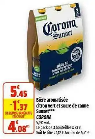 Coccinelle Supermarché Bière aromatisée citron vert et sucre de canne sunsete corona offre
