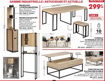 Shopix Meuble wc 2 portes industriel, meuble dessus wc, console extensible 235 cm, table de salon plateau relevable offre