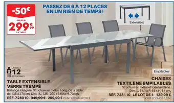 Table extensible verre trempé, chaises textilène empilables