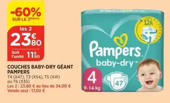 Bi1 Couches baby-dry géant pampers -60% sur le 2ème offre