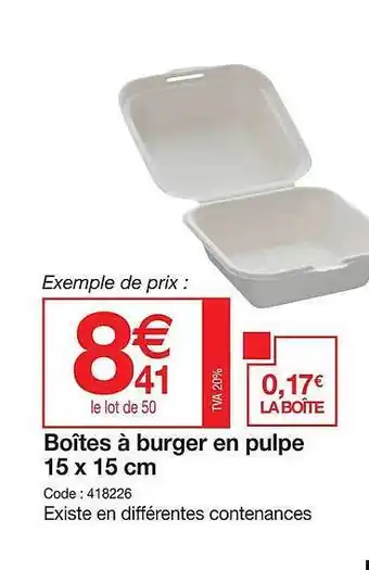 Promocash Boîtes à burger en pulpe 15 x 15 cm offre