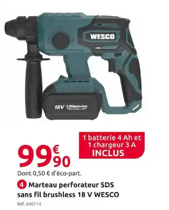 Mr Bricolage Marteau Perforateur SDS Sans Fil Brushless 18V Wesco offre