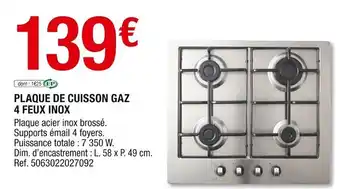 Brico Dépôt Plaque de Cuisson Gaz 4 Feux Inox offre